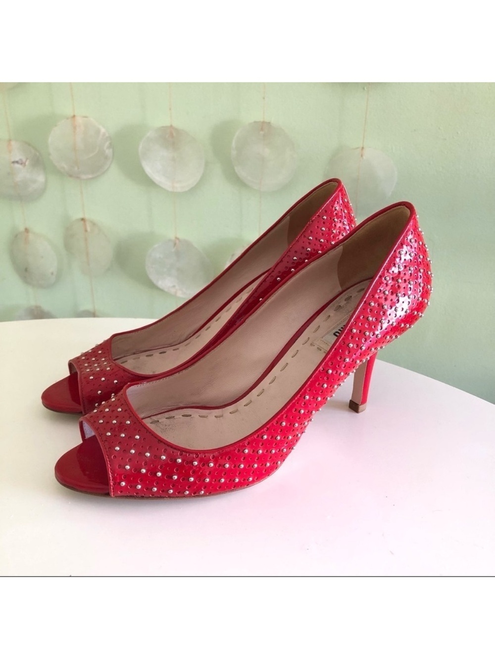 Miu Miu Prada Red Patent Leather Studded Polka Dot Retro Pinup Peep Toe Pumps